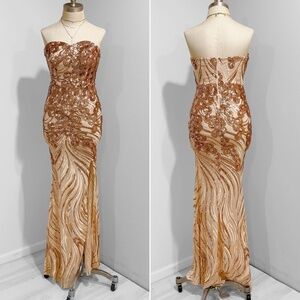Banjul Rose Gold Strapless Side Slit Sequined Mermaid Formal Gown Dress Size S